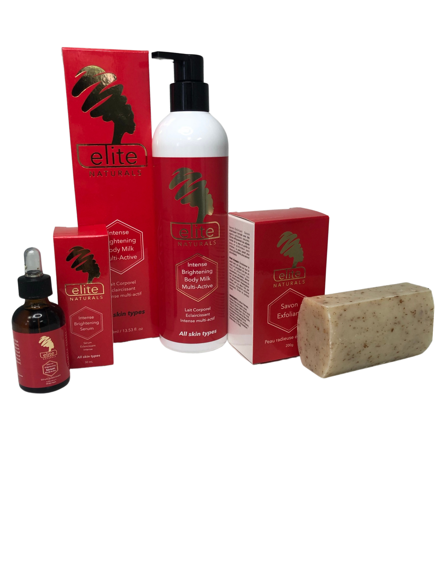 Skin repair glow set including night serum body milk exfoliating soap, this set improves natural skin tone, repairs skin damaged by using bleaching products that contain harsh chemicals. Treat dark knuckles, dark feet, sun damage, melasma